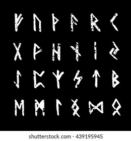 Set of handsketched ancient Old Norse runes. Runic alphabet (Futhark). 24 scandinavian and germanic letters.Hand drawn magic symbols.