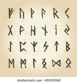 Set of handsketched ancient Old Norse runes. Runic alphabet (Futhark). 24 scandinavian and germanic letters.Hand drawn magic symbols.