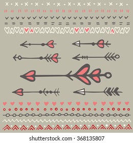 Set of handsketched isolated arrows and borders. Vector decorative elements. Valentine's day decoration.