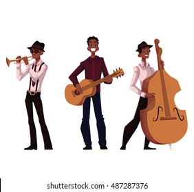 Set of handsome African male trumpet, guitar and contrabass players, cartoon vector illustration isolated on white background. Set of full height portraits of African American male musicians