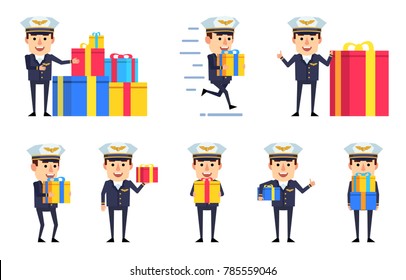Set of handsome airline pilot characters posing with gift boxes. Cheerful pilot holding present, running, celebrating birthday and showing other actions. Flat style vector illustration