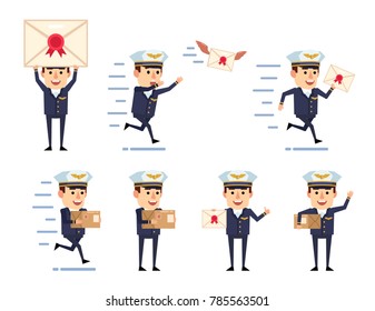 Set of handsome airline pilot characters posing with letter and parcel. Cheerful pilot holding letter, package, running and showing other actions. Flat style vector illustration