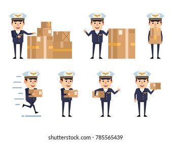 Set of handsome airline pilot characters posing with parcel box. Cheerful pilot holding package, pointing, running with box and showing other actions. Flat style vector illustration