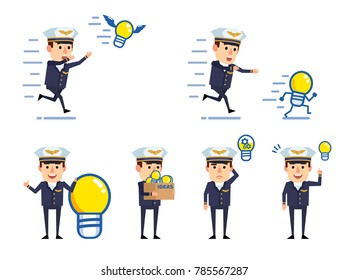 Set of handsome airline pilot characters posing wtih idea light bulb. Funny pilot pointing to idea, holding box full of light bulbs and showing other actions. Flat style vector illustration