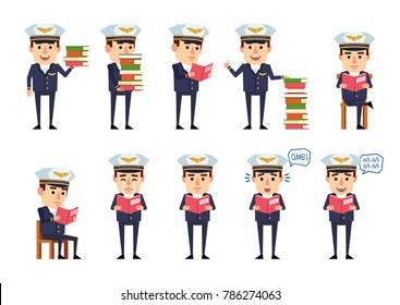 Set of handsome airline pilot characters posing with books. Cheerful pilot reading book, laughing, crying, surprised and showing other actions. Flat style vector illustration