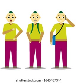 Set of handsome Asian man characters in casual wear in different poses. Vector illustration in cartoon style