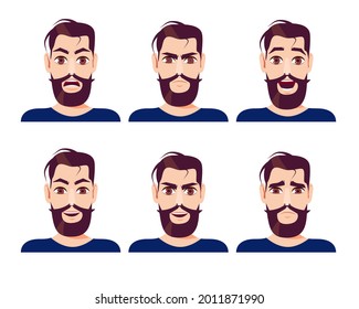 Set of handsome bearded man with different facial expressions. Vector illustration in cartoon style.