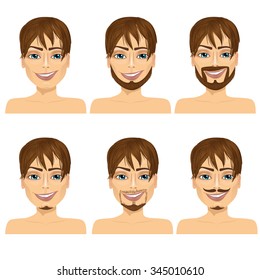 set of handsome brown haired man with different beard styles