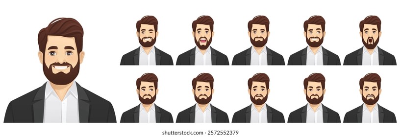 Set of handsome business bearded man wearing formal clothes with different facial expressions vector illustration isolated