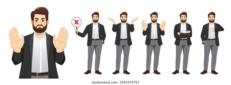 Set of handsome business man in formal clothes showing negative emotions with different gestures. Isolated vector illustration