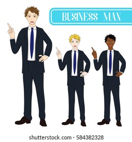 Set Handsome Business Man Pointing Up. Full Body Vector Illustration. isolated on White Background