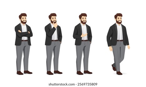 Set of handsome business man poses wearing formal clothes in half turn view. Isolated vector illustration