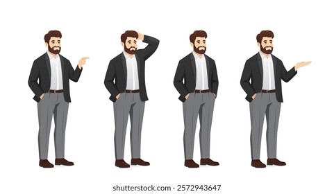 Set of handsome business man poses wearing casual clothes in half turn view. Isolated vector illustration