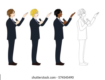 Set Handsome Business Man Presentation Holding Microphone Side View. Full Body Vector Illustration isolated on White Background