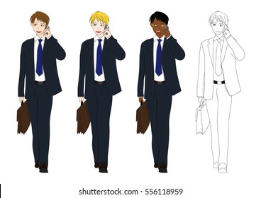 Set Handsome Business Man Talking on Phone and holding a Brief Case while Walking. Full Body Vector Illustration. isolated on White Background