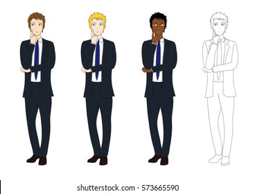Set Handsome Business Man Thinking to Make Decision. Full Body Vector Illustration. isolated on White Background