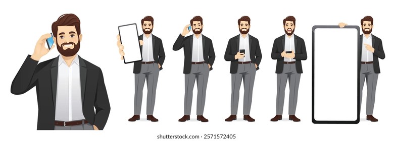 Set of handsome business man wearing office formal clothes standing in different poses, holding mobile phone, talking, texting and showing empty screen. Isolated vector illustration