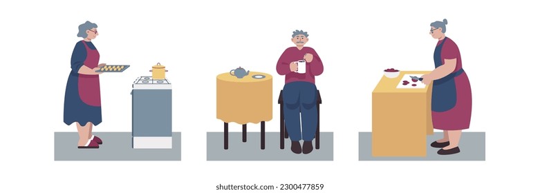 Set of handsome elderly people do cooking, bake cookies, cut vegetables and drink tea at home. Cartoon vector flat style illustrations on white background