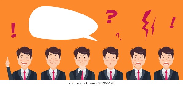 Set of handsome emotional businessman with speech bubble. Young office man collect expressions. Vector illustration