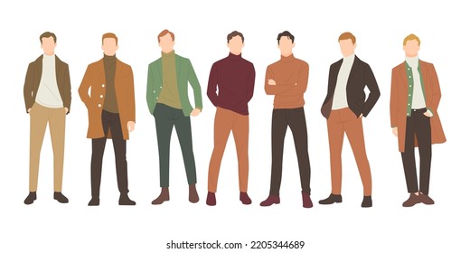 set of handsome man posing in stylish autumn outfits. people flat design illustration