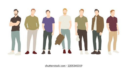 set of handsome man posing in stylish outfits. people flat design illustration