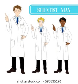 Set Handsome Scientist Man Pointing Up with Serious Face. Medical Staff Male. Full Body Vector Illustration. isolated on White Background
