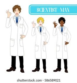 Set Handsome Scientist Man Showing OK Hand Sign. Medical Staff Male. Full Body Vector Illustration. isolated on White Background