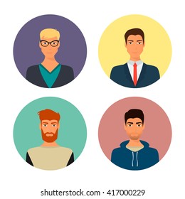 Set of handsome young man faces avatars in different clothes and hair styles.Vector illustration.