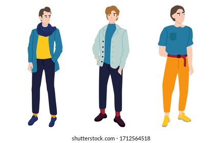 Conjunto de hombres jóvenes guapos con ropa y traje clásicos y elegantes.Ilustración vectorial al estilo de las caricaturas planas