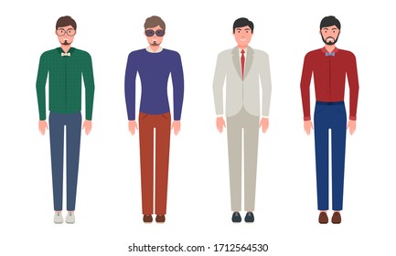 Conjunto de hombres jóvenes guapos con ropa y traje clásicos y elegantes.Ilustración vectorial al estilo de las caricaturas planas