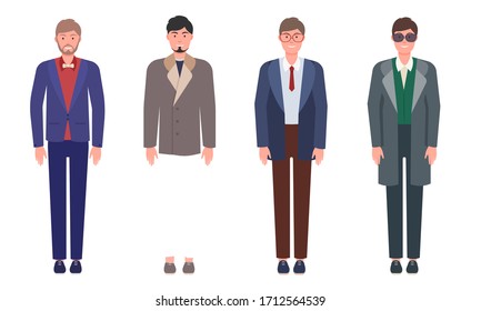 Set of handsome young men in classic elegant clothes and suits.Vector illustration in flat cartoon style