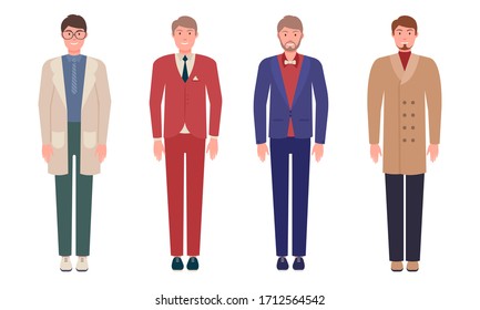 Set of handsome young men in classic elegant clothes and suits.Vector illustration in flat cartoon style