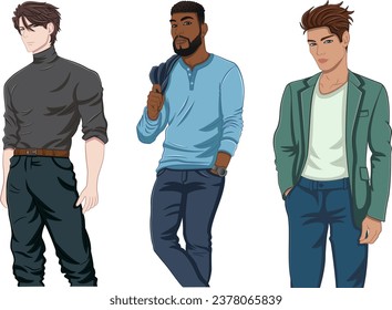 Set of Handsome Young Men. Vector Illustration of Stylish Men Fashion Models