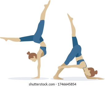 Set of handstand exercises in yoga sport stretching and exercise. Different color suits for sports and skin color