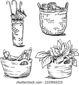 Set of handwoven interior baskets vector line drawing 