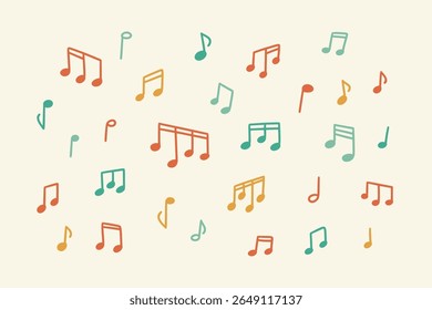 Set of handwriting childish music notes. Cute Lina doodle in kid style. Crayon and pencil child hand drawn scribble. Groovy whimsical melody background. Playful boho music festival concept
