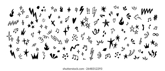 Set of handwriting doodle icons. Star, heart, twinkle, crown, glitter, emphasis crayon scribble. Emo grunge sketch. Punk rock music hand drawn background. Vector illustration in y2k style