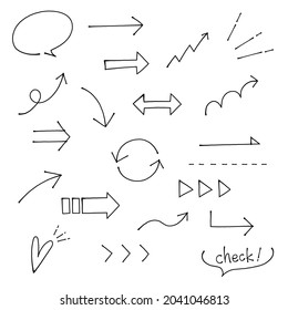 A set of handwritten arrows and speech bubbles illustrations. Doodles (white background, vector, line art)