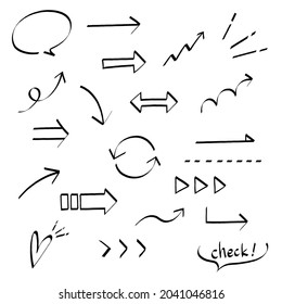 A set of handwritten arrows and speech bubbles illustrations. Doodles (white background, vector, line art)