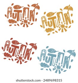 Conjunto de letras de texto de otoño escritas a mano con lápices de colores. Texto de Vector decorado con hojas, sol y paraguas. Collage de otoño. Aplica el nombre de la estación.