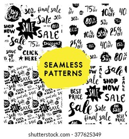 Set of Handwritten backdrop for sales and clearance. Clearance background with script calligraphy text. Hand drawn sale shopping seamless pattern.