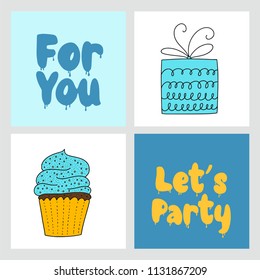 Set of handwritten cards with cute vector illustrations for t-shirts, postcards and kids design.