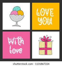 Set of handwritten cards with cute vector illustrations for t-shirts, postcards and kids design.
