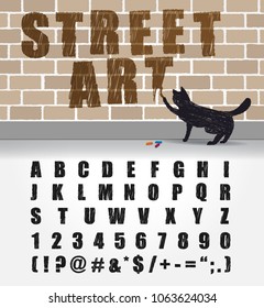 Set of handwritten chalk drawn style ABC letters, numbers, and symbols. Black cat draws on the wall with chalk. Vector 