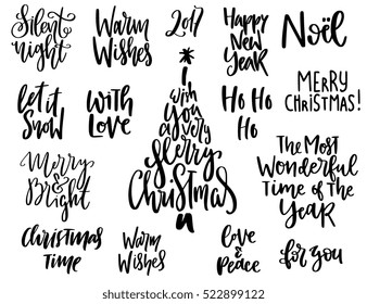 Set of handwritten Christmas quotes and wishes - modern calligraphy lettering for postcards, tags, photo overlays, poster, t-shirt. Isolated on background. Holiday season design, vector illustration.