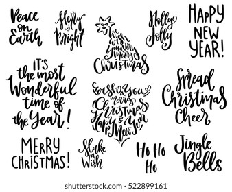 Set of handwritten Christmas quotes and wishes - modern calligraphy lettering for postcards, tags, photo overlays, poster, t-shirt. Isolated on background. Holiday season design, vector illustration.