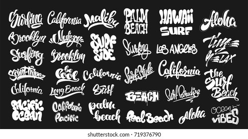 Set of handwritten city names and surf lettering. emblem and badges vector