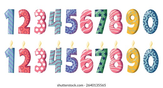 set of handwritten colored numbers with different patterns and candles for birthday, holidays and your designs, happy birthday candles