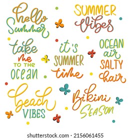 Set of handwritten colourful lettering and calligraphy about summer. Vector illustration.