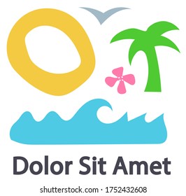 Set of handwritten decorative colorful design elements hand drawn in trendy style-sun, palma, flower, gull, wave, sample text. Vacation, holiday. Colorful vector illustration for T-shirt print, card